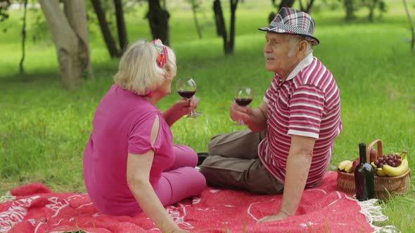 Family Weekend Picnic in Park. Senior Old Couple Sit on Blanket and Drink Wine. Making a Kiss. Love