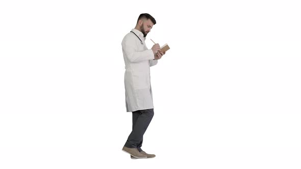 Doctor or Medic Man Holding Pen and Notebook Looking for Idea While Walking on White Background