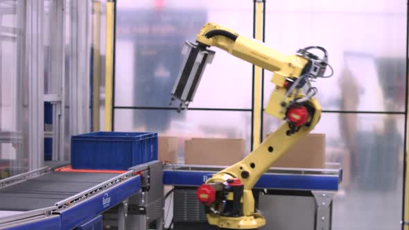 Automatic Robot Arm Assembly Line Manufacturing Advanced High Technology.