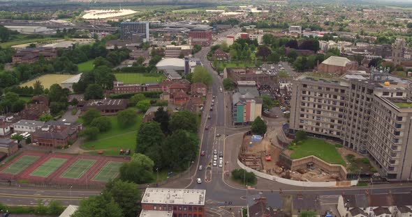 Aerial GV of Ashford Town located in the weald of Kent, UK