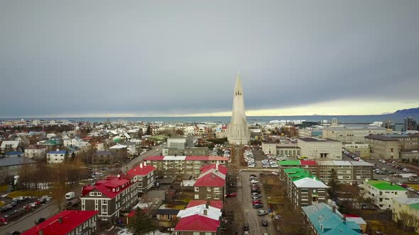 Aerial view of Hallgrimskirkja church in Reykjavik in Iceland.