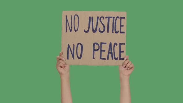 Female Hands Hold a Poster From a Cardboard Box with the Words NO JUSTICE NO PEACE. Protest Against