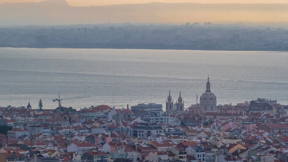 Panoramic View During Sunrise Over Lisbon and Almada From a Viewpoint in Monsanto Morning Timelapse