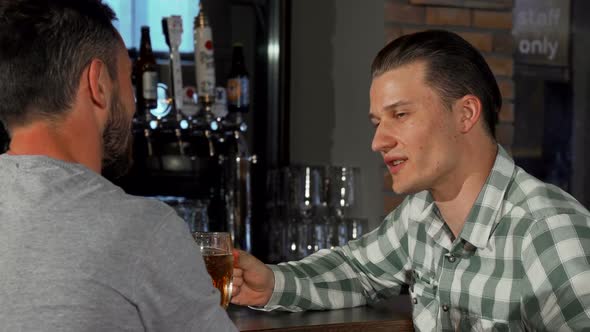 Young Man Enjoying Talking Over Glass of Beer with His Friend