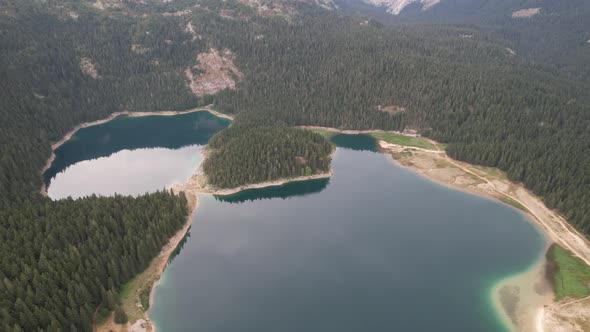 Aerial view of the Black Lake or Crno jezero , Montenegro, Zabljak, Europe