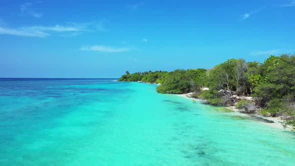 Aerial landscape of beautiful shore beach wildlife by transparent lagoon with bright sand background