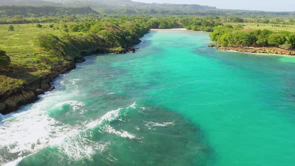 Aerial shot at low altitude on Diamante beach in Cabrera, Dominican Republic, beautiful view, turquo