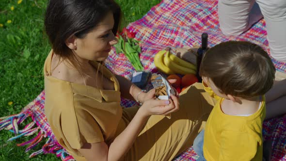 Boy eating cookies on a picnic