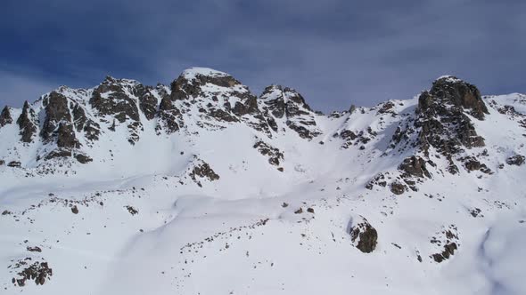 Winter drone flight over Mestia`s mountains in gerorgia. Tetnuldi Ski Resort next to Uschba and Tet