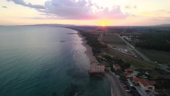 Fast Motion Overhead Aerial View of a Drone Flying Over Tyrrhenian Sea Near Follonica and Torre