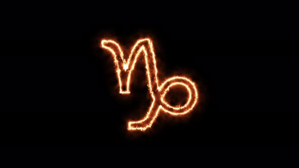 Zodiac signs Capricorn on fire. Symbol animation burning in a flame on a black background