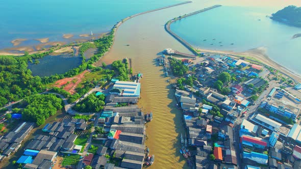 An aerial view from a drone flying over Pak Nam Chumphon