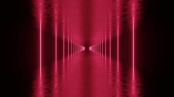 Vertical pink neon lights in abstract 3d rendered tunnel. Light corridor in dark space