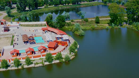 Aerial view of beautiful luxury swimming pool resort