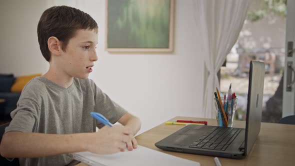 Young boy attending an online lesson during the COVID-19 lockdown