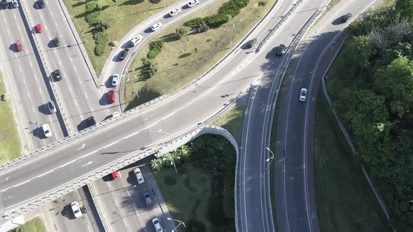 Cars Ride on the Road. Slow Motion. Kyiv. Ukraine. Aerial