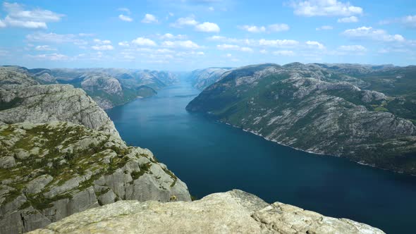 Breathtaking moving view of Lysefjord in Norway at Preikestolen.