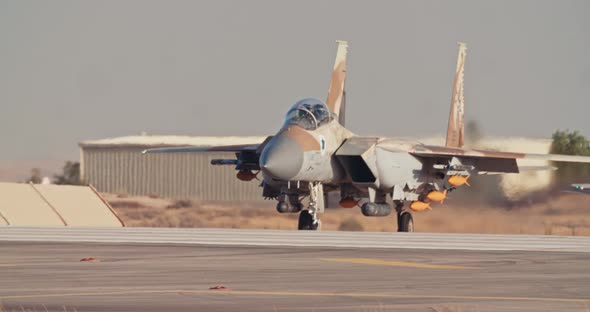 Israeli Air Force F15 fighters taxiing on the runway before takeoff