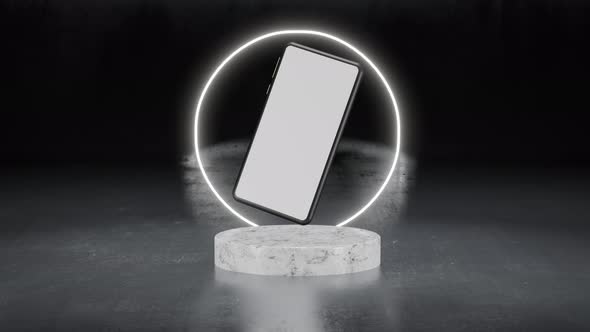 3d smartphone with white screen isolated and marble podium or platform with ring white ring 4k video