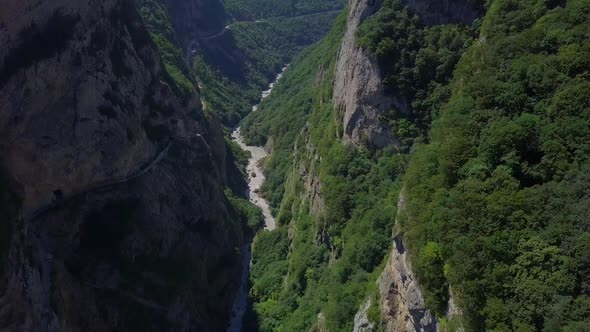 Amazing Mountain Aerial View. Flying Through the Spectacular Mountain Landscape of Caucasian Ridge a