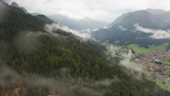 Forest on Slope of Alps Mountain and Town in Canyon Valley