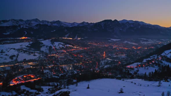 Stunning dusk over zakopane in winter, aerial view