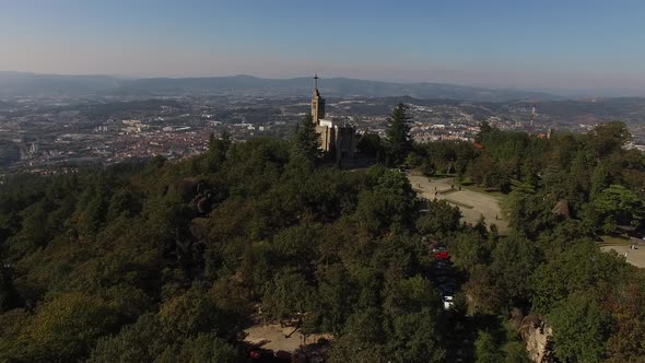 Santuario da Penha Sanctuary drone aerial view in Guimaraes, Portugal