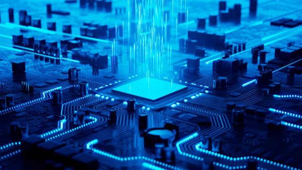 Data flow in a motherboard in pc. Processor among circuits and electronics. CPU