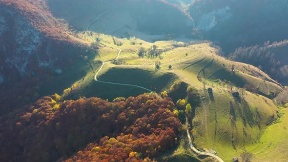 Flyin Above of Autumn Countryside Landscape