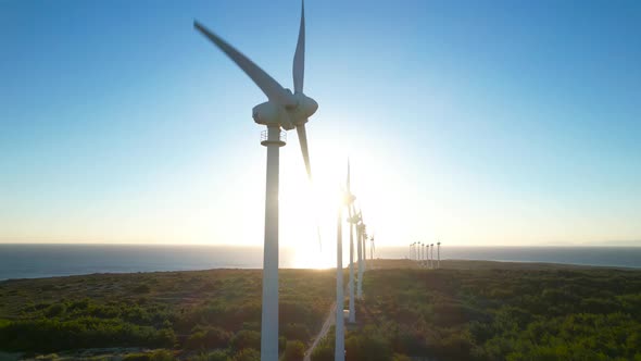 Wind turbine power plant shot by drone.