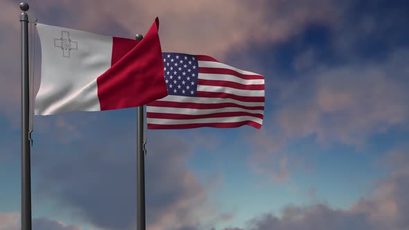 Malta Flag Waving Along With The National Flag Of The USA - 4K