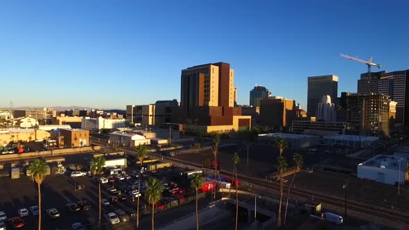 Aerial view of the downtown area at sunrise in Phoenix, Arizona.