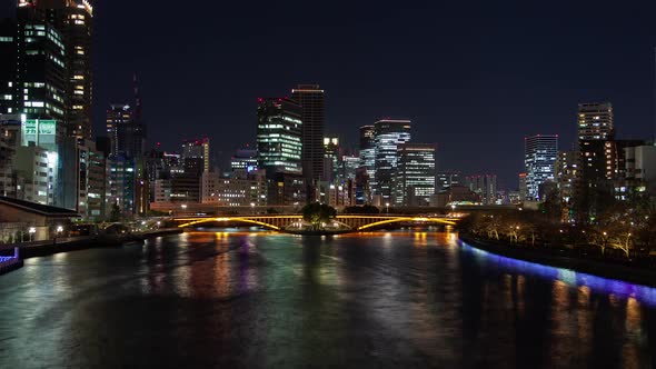 Night Osaka Bridge Skyscrapers Japan Timelapse