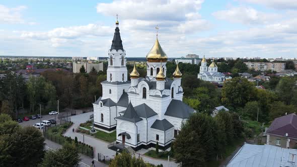 Aerial Shot The City Zhytomyr.  Holy Cross Assembly Cathedral Of The Uoc. Ukraine
