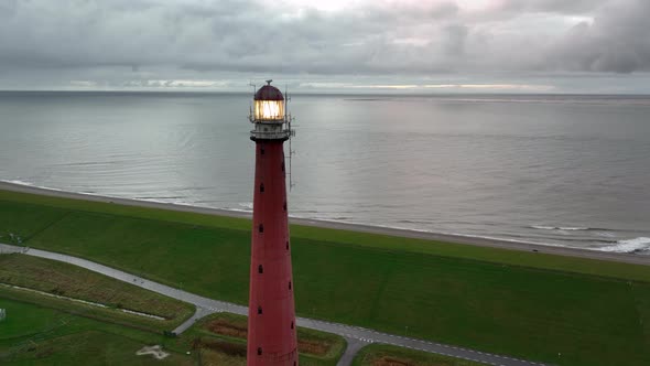 Lighthouse Tower Lange Jaap in Den Helder Drone Aerial Footage 5K Along the Sea Near the Island of