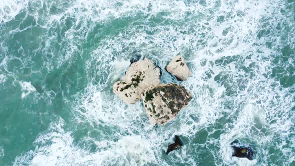 Wave Crashing On Rocks Sea Storm with Pure Water and Huge Waves Aerial Landscape