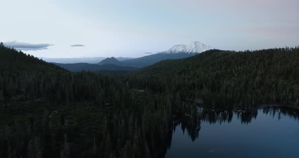 Drone view of Shasta-Trinity Forest, aerial shot of Mount Shasta and Castle Lake