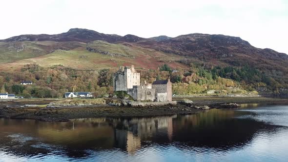 Aerial View of the Historic Eilean Donan Castle By Dornie in Autumn, Scotland