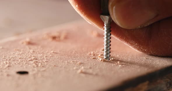 Craftsman drives the screw into the wooden board 