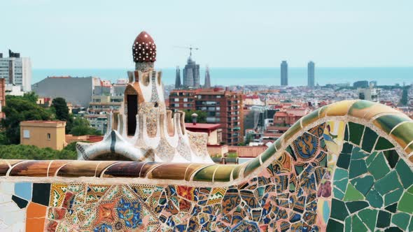 View of Barcelona, multiple building's roofs, view from the Parc Guell, Spain