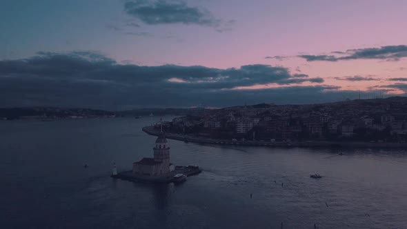 Aerial maiden tower at sunrise in istanbul bosphorus