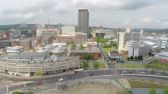 Sheffield City center landscape Aerial Views Rise up motion.