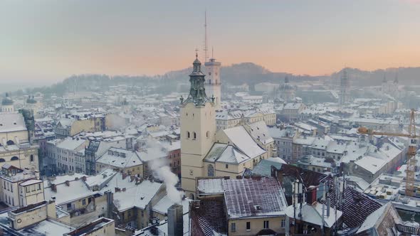 Aerial View of Lviv Cityscape in Winter Western Ukraine