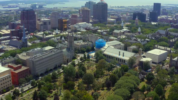 Flying over Yale University and Grove St Cemetery