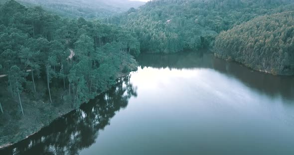 Sintra mountains Barragem da Mula Dam lake reservoir from a viewpoint, in Portugal