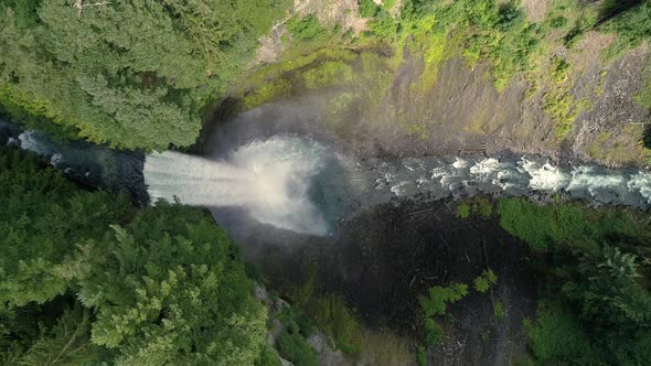 Overhead Aerial Of Brandywine Falls Waterfall Flying Horizontal In British Columbia