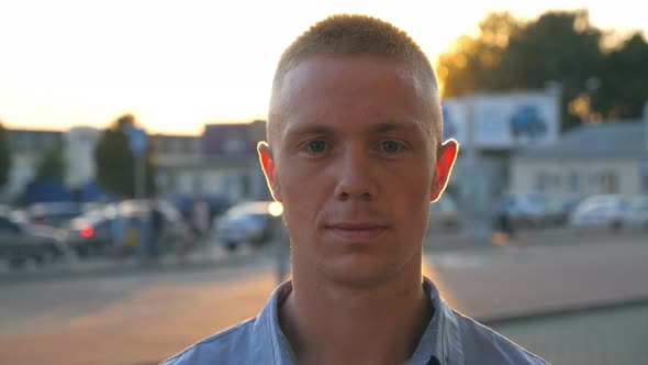 Portrait of Handsome Successful Man in Shirt Standing at City Environment Close Up