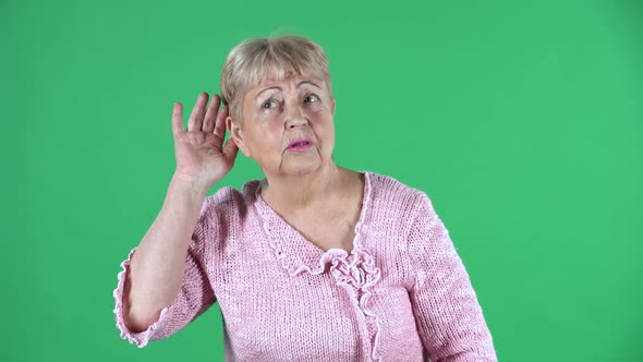 Portrait Elderly Woman Holding Hand Near Ear Trying Listen Interesting News Expressing Communication
