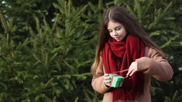 Teen girl in red scarf with present gift stay next to spruce tree