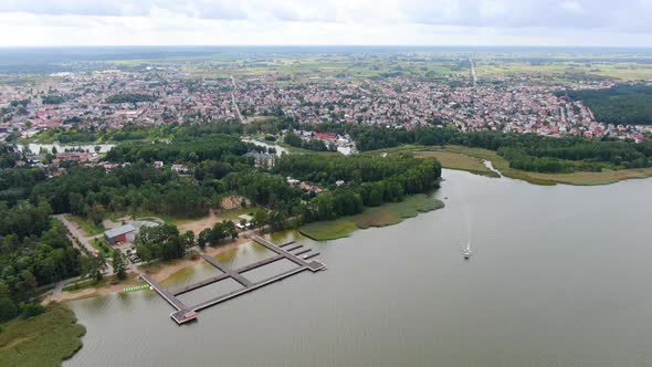 Flying over Augustow city at Necko lake, Podlaskie voivodeship, Poland